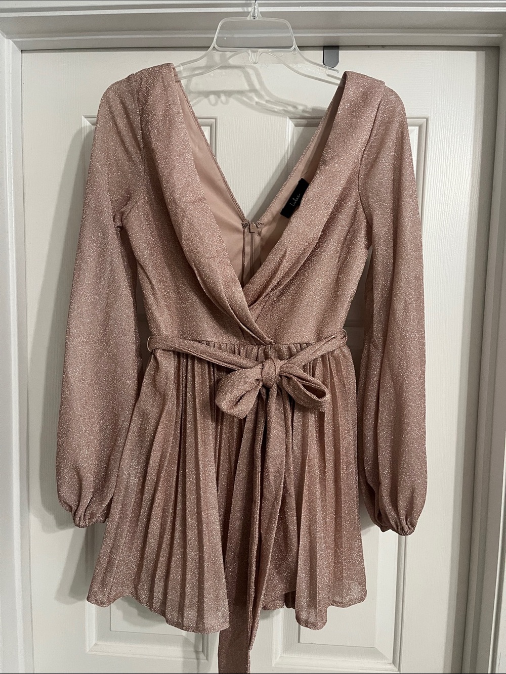 Lulu's Shimmer Wrap Long-Sleeve Romper in Blush